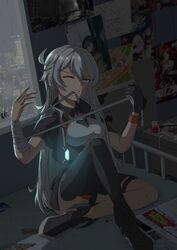  absurdres antenna_hair asymmetrical_legwear bandages bed black_footwear black_jacket black_legwear blue_eyes breasts bronya_zaychik bronya_zaychik_(valkyrie_chariot) cakypa city city_lights commentary_request female gloves glowing hair_between_eyes highres honkai_(series) honkai_impact_3rd indoors jacket kiana_kaslana kiana_kaslana_(valkyrie_ranger) kiana_kaslana_(void_drifter) kiana_kaslana_(white_comet) kneehighs murata_himeko murata_himeko_(vermillion_knight) night night_sky one_eye_closed poster_(object) raiden_mei raiden_mei_(valkyrie_bladestrike) shoes short_sleeves single_glove sitting sky socks solo uneven_legwear white_hair window 