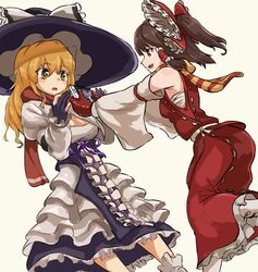  2girls benikurage_(cookie) black_gloves black_headwear black_skirt blonde_hair bow breasts brown_eyes brown_hair cleavage cleavage_cutout clothing_cutout commentary_request cookie_(touhou) detached_sleeves dress feet_out_of_frame game_cartridge gift gloves hair_between_eyes hairbow hakurei_reimu hat hat_bow highres kirisame_marisa long_hair looking_at_another mars_(cookie) medium_breasts medium_hair mittens multiple_girls nob1109 oerba_yun_fang open_mouth orange_scarf partially_fingerless_gloves ponytail purple_ribbon red_bow red_gloves red_scarf red_shirt red_skirt ribbon sarashi scarf shirt short_ponytail simple_background skirt sleeveless sleeveless_shirt striped_clothes striped_scarf touhou white_background white_bow white_dress white_sleeves witch_hat yellow_eyes 