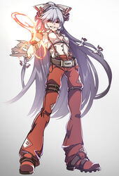  absurdres adapted_costume arm_up belt bow breasts brown_belt cosplay female fire fujiwara_no_mokou gloves gokuu_(acoloredpencil) gradient_background grey_hair guilty_gear hair_between_eyes hairbow hand_up highres long_hair long_sleeves medium_breasts multicolored_bow open_clothes pants red_bow red_eyes red_footwear red_gloves red_pants shirt shoes simple_background smile sneakers sol_badguy sol_badguy_(cosplay) solo standing teeth touhou white_background white_bow white_shirt 