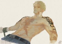  1boy abs bad_id bad_twitter_id bara beowulf_(fate) blonde_hair facial_hair fate/grand_order fate_(series) goatee iduhara_jugo male_focus mature_male muscular muscular_male navel nipples pectorals red_eyes scar scar_on_cheek scar_on_chest scar_on_face short_hair solo stomach stubble topless_male 