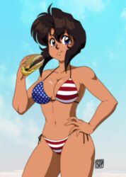  0tacat absurdres american_flag american_flag_bikini american_flag_print artist_name bikini blue_background blue_eyes breasts brown_hair burger commentary commission contrapposto cowboy_shot dark-skinned_female dark_skin day eating english_commentary female flag_print food gunsmith_cats highres large_breasts navel official_style outdoors print_bikini rally_vincent retro_artstyle short_hair side-tie_bikini_bottom solo swimsuit tan tomboy 