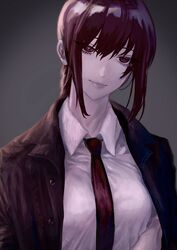  black_jacket black_necktie braid braided_ponytail breasts business_suit chainsaw_man collared_shirt eyelashes female formal highres jacket long_eyelashes long_sleeves looking_at_viewer makima_(chainsaw_man) medium_breasts medium_hair necktie red_eyes red_hair saji_of_kamo shirt simple_background solo suit upper_body 