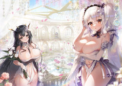  3girls alternate_costume antlers apple_caramel arm_under_breasts azur_lane babydoll bare_shoulders breast_hold breasts choker cleavage closed_mouth cowboy_shot crystal curtains elbow_gloves falling_petals flower formidable_(azur_lane) formidable_(timeless_classics)_(azur_lane) fountain frilled_choker frilled_hairband frills glass_ceiling gloves hair_flower hair_ornament hairband half_gloves highres holding holding_flower horns illustrious_(azur_lane) indomitable_(azur_lane) indoors large_breasts long_hair maid_headdress manjuu_(azur_lane) multiple_girls navel necktie no_panties official_alternate_costume palace parted_lips petals pink_flower purple_flower red_eyes revealing_clothes see-through smile sparkle thighs twintails white_choker white_flower white_gloves white_hair 