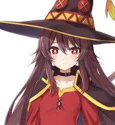  blush brown_hair cape commentary cosplay dress female genshin_impact hat highres hu_tao_(genshin_impact) kono_subarashii_sekai_ni_shukufuku_wo! long_sleeves looking_at_viewer megumin megumin_(cosplay) parted_lips red_dress red_eyes simple_background solo suke_(momijigari) symbol-shaped_pupils twintails upper_body white_background witch_hat 