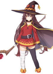  bandages belt blush brown_hair cape commentary cosplay dress female fingerless_gloves full_body genshin_impact gloves hat highres holding holding_staff hu_tao_(genshin_impact) kono_subarashii_sekai_ni_shukufuku_wo! long_sleeves looking_at_viewer mage_staff megumin megumin_(cosplay) parted_lips red_dress red_eyes simple_background solo staff suke_(momijigari) symbol-shaped_pupils takahashi_rie thighhighs twintails voice_actor_connection white_background witch_hat 