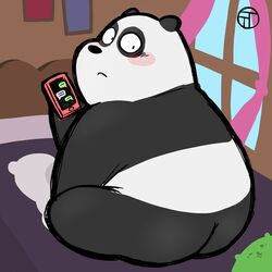  1:1 2020 anthro ass bear bed black_body black_fur blush cartoon_network electronics fur furniture giant_panda hi_res inside male mammal overweight overweight_anthro overweight_male panda_(we_bare_bears) phone sitting solo trashtoonz we_bare_bears white_body white_fur 