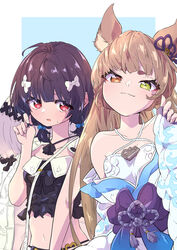  2girls animal_ears bag bare_shoulders black_shirt bow breasts brown_eyes brown_hair closed_mouth criss-cross_halter erune granblue_fantasy green_eyes hair_bobbles hair_ornament hairbow halterneck hamioura hand_up hat_on_back heterochromia highres japanese_clothes kimono long_hair looking_at_viewer midriff multiple_girls navel obi off_shoulder open_mouth pholia pholia_(yukata) red_eyes sash shirt short_hair short_twintails shoulder_bag sleeveless sleeveless_shirt small_breasts smile strapless strapless_shirt sweatdrop thick_eyebrows twintails twirling_hair upper_body vikala_(granblue_fantasy) vikala_(summer)_(granblue_fantasy) white_shirt yukata 