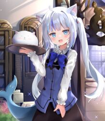  :d ahoge angora_rabbit animal animal_ear_fluff animal_ears black_skirt blue_bow blue_eyes blue_hair blue_vest blush bow cat_ears closed_eyes collared_shirt commentary cosplay crossover dress_shirt eyebrows_hidden_by_hair female fins fish_tail gawr_gura gochuumon_wa_usagi_desu_ka? grey_hair hair_intakes hair_ornament head_tilt highres holding holding_tray hololive hololive_english indoors kafuu_chino kafuu_chino_(cosplay) long_hair looking_at_viewer multicolored_hair nekopurin_(nyanko_prin) rabbit rabbit_house_uniform shark_tail sharp_teeth shirt skirt smile sparkle streaked_hair tail teeth tippy_(gochiusa) tray twintails two-tone_hair uniform very_long_hair vest virtual_youtuber waitress white_shirt 