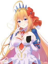  ahoge between_breasts blue_eyes blush braid breasts closed_mouth female flower food food_bite food_on_face gloves hair_between_eyes hair_flower hair_ornament heart heart_print highres holding holding_food large_breasts long_hair necktie necktie_between_breasts onigiri orange_hair pecorine_(princess)_(princess_connect!) pecorine_(princess_connect!) princess_connect! shimon_(31426784) simple_background smile solo tiara upper_body white_background white_gloves 