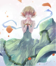  aqua_dress blonde_hair bracelet cagalli_yula_athha closed_eyes collarbone covered_navel dress facing_viewer female flower gundam gundam_seed hair_flower hair_ornament highres jewelry long_dress orange_flower see-through_silhouette short_hair sleeveless sleeveless_dress solo standing sundress twitter_username yuuka_seisen 