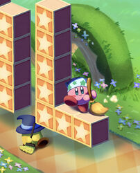  aruco_co bandana blue_eyes blue_headwear blush blush_stickers broom broom_hatter cleaning_kirby closed_mouth commentary_request copy_ability day flower grass hal_laboratory hat highres holding holding_broom kirby kirby_(series) looking_at_viewer no_humans outdoors smile standing star_(symbol) star_block star_print white_bandana witch_hat 