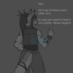  1:1 anthro april_dawn bracelet dialogue domestic_cat english_text felid feline felis female frostwyrm102 fur gesture greyscale hair hand_gesture jewelry mammal monochrome pointing ponytail solo spiked_bracelet spikes striped_body striped_fur stripes text whiskers 