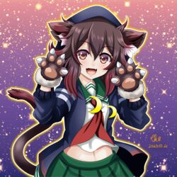  :d animal_ears artist_name blush brown_eyes brown_hair cat_ears cat_paws cat_tail crescent crescent_moon_pin dated eyebrows_visible_through_hair fangs female green_skirt hair_between_eyes highres kantai_collection long_sleeves mutsuki_(kantai_collection) neckerchief open_mouth paws pleated_skirt red_neckwear remodel_(kantai_collection) school_uniform serafuku short_hair signature skin_fangs skirt smile solo tail tk8d32 