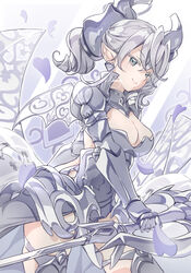  armor armored_leotard breasts cleavage demon_girl demon_horns demon_wings duel_monster female gauntlets grey_eyes grey_hair hair_between_eyes highres holding holding_sword holding_weapon horns lady_labrynth_of_the_silver_castle large_breasts looking_at_viewer lovely_labrynth_of_the_silver_castle low_wings nut_megu pointy_ears solo sword transparent_wings twintails weapon wings yu-gi-oh! 