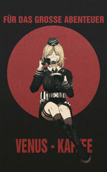  absurdres black_footwear black_gloves black_hat blonde_hair boots closed_eyes coffee_mug cross-laced_footwear cup female garrison_cap german_text girls&#039;_frontline gloves half_gloves hat highres holding holding_cup holding_plate kanoe_(kanoe502) long_sleeves md5_mismatch military military_uniform mp40_(girls&#039;_frontline) mug plate poster_(medium) short_hair sitting solo translated uniform wolfenstein_(series) wolfenstein_ii:_the_new_colossus 