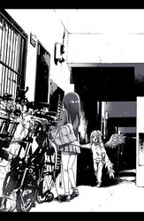  2girls alley bag barred_window bicycle commentary_request greyscale horror_(theme) letterboxed long_hair long_sleeves miniskirt monochrome multiple_girls mutation original school_uniform shoes shoulder_bag skirt socks tokomichi wings 