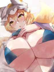  :o bikini blonde_hair blue_bikini breasts commentary_request female fox_tail hair_between_eyes hat huge_breasts kurokan_(kokkyou_oudan) looking_at_viewer multiple_tails open_mouth short_hair solo sweat swimsuit tail touhou upper_body white_hat yakumo_ran yellow_eyes 