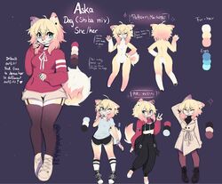  anakoluth aska_(anakoluth) black_thighhighs blonde_hair blue_eyes female furry furry_female garter_straps glasses highres hood hoodie long_sleeves looking_at_viewer medium_hair multiple_views no_nipples original red_hoodie reference_sheet shoes sneakers thighhighs twitter_username white_footwear 