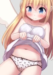  bad_id bad_pixiv_id bare_arms bare_shoulders blonde_hair blue_eyes blush bone_print bow bow_panties breasts clitorim closed_mouth clothes_lift collarbone commentary_request crimvael dress dress_lift female genderswap_(otf) grey_background hair_between_eyes highres ishuzoku_reviewers lifting_own_clothes long_hair mochiyuki navel panties paw_print print_panties rule_63 simple_background small_breasts solo strapless strapless_dress underwear very_long_hair white_dress white_wings wings 