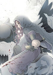  animal arm_wrap blood blood_on_weapon blurry canine chinese_clothes cloak depth_of_field dirty dirty_face feathered_wings feet_out_of_frame female floating_hair from_behind grey_cloak hair_between_eyes hienn_(juuni_kokuki) holding holding_sword holding_weapon hood hood_up hooded_cloak juuni_kokuki kyusui_polymer long_hair long_sleeves looking_away outstretched_arm red_hair riding risai_(juuni_kokuki) robe sash scabbard sheath shin_guards solo_focus sword unsheathed wavy_hair weapon white_background wings 