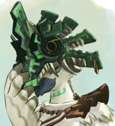  aged_up anthro armor avian beak black_beak bodypaint corruption divine_beast_vah_medoh feathers leather male mask nintendo rito sheep_riritoto shoulder_armor smile solo tears_of_the_kingdom the_legend_of_zelda tulin_(tloz) war_paint wearing_mask white_body white_feathers yellow_eyes 