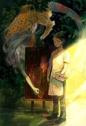  1021yu 1boy apron aqua_eyes black_pants brown_hair canvas_(object) claw_mark collared_shirt curtains easel female glowing glowing_eyes haku_sanshi highres holding holding_paintbrush holding_palette indoors juuni_kokuki leopard_girl lizard_tail long_hair looking_at_viewer monster_girl nude nyokai one_eye_covered paintbrush painting_(object) palette_(object) pants shirt short_hair short_sleeves standing sunlight taiki_(juuni_kokuki) tail taur white_hair white_shirt 