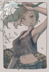  :&lt; arm_at_side arm_up armpits asymmetrical_hair bare_arms bare_shoulders black_tank_top breasts buttons cleavage closed_mouth crocodilian_tail crop_top crop_top_overhang denim dripping female floating_hair green_eyes green_hair high_ponytail highres holding holding_hose hose jeans kemono_friends long_hair looking_at_viewer medium_breasts midriff multicolored_hair navel pants ponytail pueblo saltwater_crocodile_(kemono_friends) sidelocks signature solo stomach tail tank_top water wet 