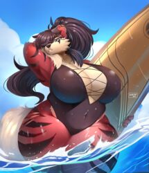  2019 anthro big_breasts blue_sky breasts canid canine canis cleavage clothed clothing cloud curvy_figure day domestic_dog female fluffy fluffy_hair fluffy_tail front_view fur hair holding_object holding_surfboard huge_breasts hybrid legs_in_water light long_hair long_tail looking_at_viewer mammal mature_anthro mature_female multicolored_body multicolored_fur ocaritna one-piece_swimsuit outside overweight overweight_anthro overweight_female partially_submerged portrait purple_hair scar shadow signature sky solo standing standing_in_water striped_body striped_fur stripes submerged_legs sunlight surfboard swimwear tail tharja_(justkindofhere) thick_thighs three-quarter_portrait vehicle voluptuous water watercraft wet wide_hips wolf 