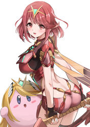  :d absurdres aegis_sword_(xenoblade) ass backless_outfit black_gloves blonde_hair blue_eyes blush_stickers bob_cut boots breasts chest_jewel clothing_cutout commentary_request cosplay drop_earrings earrings female fingerless_gloves gloves headpiece highres holding holding_sword holding_weapon impossible_clothes jewelry kirby kirby_(series) large_breasts looking_at_viewer looking_to_the_side micro_shorts mythra_(xenoblade) mythra_(xenoblade)_(cosplay) pizzasi pyra_(xenoblade) red_eyes red_hair red_shorts short_hair short_shorts short_sleeves shorts sideboob simple_background skindentation smile super_smash_bros. swept_bangs sword thigh_boots thighhighs tiara weapon weapon_behind_back white_background wide_hips xenoblade_chronicles_(series) xenoblade_chronicles_2 