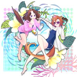  2girls absurdres ahoge animal_ears aviator_sunglasses barefoot breasts brown_hair can commentary_request crown hairband highres horse_ears horse_girl horse_tail jacket kaokuma large_breasts legs long_sleeves looking_at_viewer medium_hair meisho_doto_(umamusume) mini_crown multicolored_hair multiple_girls one-piece_swimsuit one_eye_closed open_clothes open_mouth open_shirt opera_glasses orange_hair orange_tail outstretched_arm pink_jacket plant purple-tinted_eyewear purple_eyes school_swimsuit school_uniform shirt short_hair sleeves_rolled_up small_breasts smile stiff_tail sunglasses swimsuit t.m._opera_o_(umamusume) tail tinted_eyewear toenails toes tracen_swimsuit two-tone_hair umamusume umamusume:_road_to_the_top white_shirt 