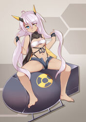  ahoge azur_lane bandeau barefoot black_gloves blue_eyes blush breasts closed_mouth commentary_request dark-skinned_female dark_skin expressionless eyes_visible_through_hair facepaint female full_body gloves grey_shorts hair_between_eyes hand_in_own_hair heart heart_ahoge heterochromia highres horns indianapolis_(azur_lane) long_hair looking_at_viewer mechanical_horns medium_breasts micro_shorts navel nuclear_weapon open_fly pink_hair radiation_symbol shorts sitting solo the_hermit twintails underboob very_long_hair white_bandeau yellow_eyes 