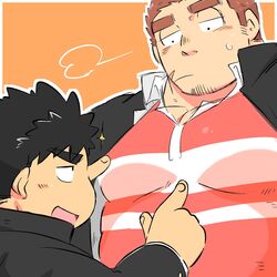  2boys :/ bara blush brown_hair facial_hair gakuran goatee height_difference highres male_focus multiple_boys muscular muscular_male pectoral_cleavage pectorals plump pout protagonist_5_(housamo) protected_link rugby_uniform saruhiko_(mtmnkmn) scar scar_on_cheek scar_on_face school_uniform short_hair sideburns size_difference sparkle sportswear stubble tamamura_gunzo thick_eyebrows tokyo_afterschool_summoners upper_body yaoi 