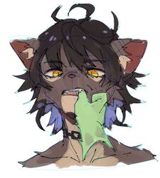  anonymous_artist anthro digital_media_(artwork) domestic_cat duo felid feline felis finger_in_mouth fur hair male mammal open_mouth simple_background tattoo thumb_in_mouth verner_(beheleaf) 