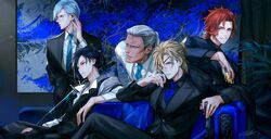  5boys ashe_ubert black_jacket black_pants black_shirt black_suit black_vest blonde_hair blue_eyes blue_hair blue_jacket blue_necktie blue_suit brown_eyes cane contemporary couch crossed_legs cup danhu dedue_molinaro dimitri_alexandre_blaiddyd dress_shirt earpiece eyepatch felix_hugo_fraldarius fire_emblem fire_emblem:_three_houses formal freckles fur_trim grin hair_between_eyes hand_up highres holding holding_cane holding_cup jacket katana leaning_forward leaning_on_person long_hair long_sleeves looking_away male_focus multiple_boys necktie one_eye_covered pants ponytail profile red_hair scabbard scar scar_on_face sheath sheathed shirt short_hair short_ponytail sitting smile suit swept_bangs sword sylvain_jose_gautier vest weapon white_hair white_jacket white_shirt white_suit 