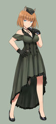  502nd_joint_fighter_wing_(emblem) alternate_costume black_gloves blue_eyes brave_witches breasts brown_hair commentary_request dress female formal full_body gloves green_dress gundula_rall hat high_heels large_breasts looking_at_viewer microphone shimada_fumikane short_hair simple_background smile solo standing world_witches_series 