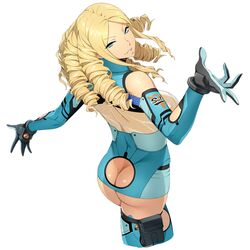  ass blonde_hair blue_eyes cropped_legs drill_hair female floria_frank gloves holster long_hair looking_back non-web_source official_art parted_bangs parted_lips simple_background solo super_robot_wars super_robot_wars_x-omega watanabe_wataru_(character_designer) white_background 