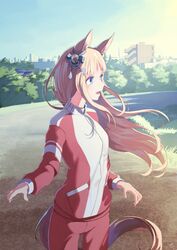  absurdres animal_ears blue_eyes brown_hair building cowboy_shot day female grass_wonder_(umamusume) highres horse_ears horse_girl horse_tail jacket laminar_flow long_hair long_sleeves md5_mismatch open_mouth outdoors pants red_jacket red_pants solo tail track_jacket tree umamusume 