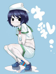  absurdres anchor_symbol black_eyes black_hair blue_background blue_footwear blush closed_mouth colored_skin commentary_request cookie_(touhou) crop_top crossed_arms female full_body hat highres holding looking_at_viewer milk milk_(cookie) milk_carton murasa_minamitsu neckerchief red_neckerchief sailor_collar sailor_hat shirt shoes short_hair shorts simple_background solo spilled_milk squatting tottoto_neros touhou white_shirt white_shorts white_skin 