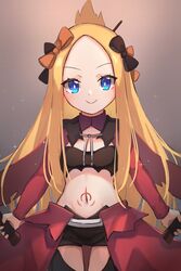  abigail_williams_(fate) blonde_hair blue_eyes blush bow breasts chloe_von_einzbern chloe_von_einzbern_(cosplay) closed_mouth commentary cosplay dual_wielding english_commentary fate/grand_order fate/kaleid_liner_prisma_illya fate_(series) female forehead hairbow half_updo highres holding long_hair long_sleeves looking_at_viewer miya_(miyaruta) multiple_hair_bows navel orange_bow parted_bangs small_breasts smile solo stomach_tattoo sword tattoo thighs weapon 