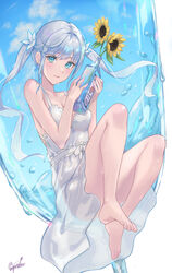  bare_legs bare_shoulders barefoot blue_eyes blue_theme blush bottle breasts cleavage closed_mouth cup dress drinking_glass earrings enporion feet female flower glass hair_flower hair_ornament highres holding holding_bottle jewelry knees_up legs long_hair looking_at_viewer medium_breasts original signature sleeveless sleeveless_dress smile solo sunflower toes twintails water wet white_background white_dress white_hair 