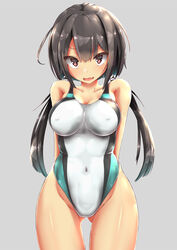  arms_behind_back ass_visible_through_thighs black_hair breasts brown_eyes collarbone covered_navel covered_nipples cowboy_shot female green_one-piece_swimsuit grey_background hair_between_eyes hair_ornament highres long_hair looking_at_viewer low_twintails medium_breasts one-piece_swimsuit open_mouth original simple_background smile solo sweatdrop swimsuit twintails two-tone_swimsuit unomi white_one-piece_swimsuit 