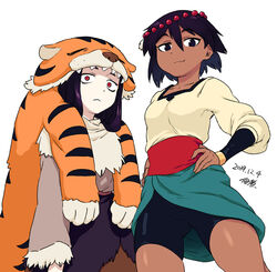  2girls ajna_(indivisible) bags_under_eyes beads bike_shorts black_hair bracelet brown_hair dark-skinned_female dark_skin hair_ornament indivisible jewelry lantern looking_at_viewer multiple_girls pelt razmi_(indivisible) red_eyes short_hair standing tiger_pelt tsukudani_(coke-buta) 