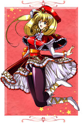  black_legwear blonde_hair blue_eyes boots capelet dress female hat hikaru_(mikan0407) langrisser langrisser_iv long_hair looking_at_viewer open_mouth pantyhose rachel_(langrisser) red_dress smile white_footwear 