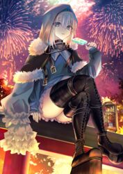  aqua_eyes black_cloak black_footwear boots breasts cloak dress fate/grand_order fate_(series) female fireworks food fur-trimmed_cloak fur_trim gray_(event_portrait)_(fate) gray_(fate) grey_dress grey_hair highres hood hooded_cloak kaze_minoru_so-ru long_hair long_sleeves looking_at_viewer lord_el-melloi_ii_case_files medium_breasts popsicle sidelocks sitting solo thigh_boots 