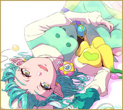  antennae aqua_eyes aqua_hair beret border close-up commentary_request dededeteiu dress earrings female fingerless_gloves foreshortening gloves hagoromo_lala hat highres jewelry lips long_sleeves looking_at_viewer lying multicolored_hair on_back open_mouth pendant pink_hair pointy_ears precure shadow short_hair simple_background single_glove smile socks star-shaped_pupils star_(symbol) star_color_pendant star_in_eye star_twinkle_precure streaked_hair symbol-shaped_pupils symbol_in_eye twitter_username uma_(precure) white_background 