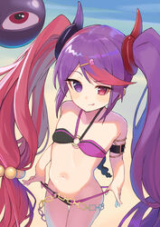  bikini blush breasts creature female hair_between_eyes hair_ornament hairclip heart heart_hair_ornament heterochromia highres long_hair misaki_(princess_connect!) misaki_(summer)_(princess_connect!) multicolored_hair navel ocean princess_connect! purple_eyes purple_hair red_eyes red_hair shimon_(31426784) small_breasts swimsuit tongue tongue_out twintails two-tone_hair very_long_hair 