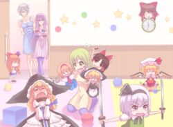  &gt;_&lt; 1boy 6+girls aged_down alice_margatroid apron ball benikurage_(cookie) black-framed_eyewear black_bow black_hairband black_headwear black_skirt blonde_hair blouse blue_apron blue_bow blue_pants blue_skirt bow braid breasts brown_eyes brown_footwear brown_hair brown_scarf clock closed_mouth commentary cookie_(touhou) cross crying crystal cube dress dual_wielding eska_(cookie) facepaint flandre_scarlet flying_sweatdrops frilled_hair_tubes frills full_body green_eyes green_hair green_vest grey_hair hair_between_eyes hair_tubes hairband hakurei_reimu hand_puppet hat highres hinase_(cookie) holding holding_rock horn_bow horn_ornament horns ibuki_suika indoors katana kindergarten kirisame_marisa kneeling kochiya_sanae konpaku_youmu long_hair long_sleeves marker mars_(cookie) medium_breasts mob_cap morichika_rinnosuke multi-tied_hair multiple_girls oerba_yun_fang open_mouth orange_hair pants parted_bangs paseri_(cookie) patchouli_knowledge puhaa puppet purple_dress purple_eyes purple_hair red_bow red_shirt red_skirt reu_(cookie) rock scarf semi-rimless_eyewear shirt shoes short_hair short_sleeves side_braid single_braid sitting skirt sleeveless sleeveless_shirt small_breasts smile socks sponge_(cookie) standing star_(symbol) striped_clothes striped_dress sword taisa_(cookie) touhou under-rim_eyewear uzuki_(cookie) vertical-striped_clothes vertical-striped_dress vest weapon white_legwear white_shirt wings witch_hat yamin_(cookie) yellow_apron yuno_(cookie) 