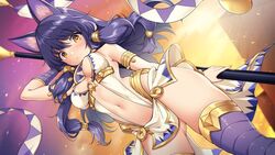  animal_ears anubis_(legend_clover) ass_visible_through_thighs breasts dog_ears dog_girl egyptian_clothes female highres legend_clover long_hair looking_at_viewer medium_breasts mojarin_(kihara_mojarin) navel pelvic_curtain purple_hair revealing_clothes sidelocks solo standing thighhighs yellow_eyes 