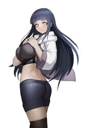  bad_id bad_pixiv_id black_thighhighs blue_hair blunt_bangs blush breasts closed_mouth commentary female fishnets headband headband_around_neck hyuuga_hinata long_hair looking_at_viewer looking_back naruto_(series) naruto_shippuuden p-gnesium simple_background smile solo thighhighs white_background white_eyes 