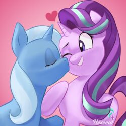  1:1 absurd_res blue_body blue_fur duo equid equine female female/female feral friendship_is_magic fur hasbro hexecat hi_res horn horse kissing kissing_cheek mammal my_little_pony mythological_creature mythological_equine mythology pink_body pink_fur pony purple_eyes smile starlight_glimmer_(mlp) trixie_(mlp) unicorn 